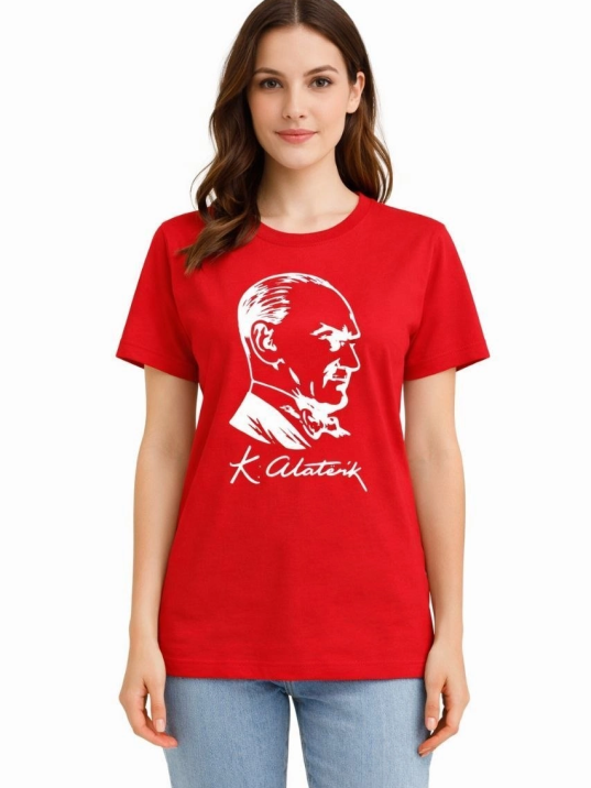 Kadın Atatürk Baskılı Tişört Kısa Kollu Bisiklet Yaka T-shirt - Kırmızı Kadın Atatürk Baskılı Tişört Kısa Kollu Bisiklet Yaka T-shirt - Kırmızı