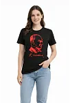 Kadın Atatürk Baskılı Tişört Kısa Kollu Bisiklet Yaka T-shirt - Siyah