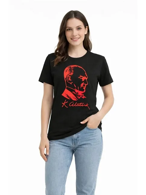 Kadın Atatürk Baskılı Tişört Kısa Kollu Bisiklet Yaka T-shirt - Siyah