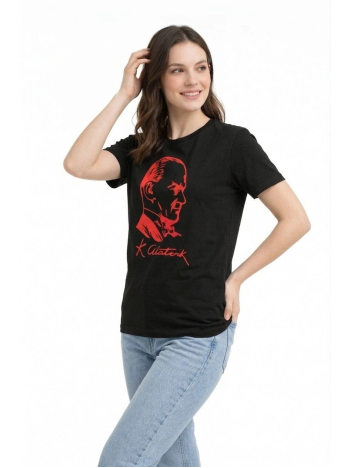 Kadın Atatürk Baskılı Tişört Kısa Kollu Bisiklet Yaka T-shirt - Siyah