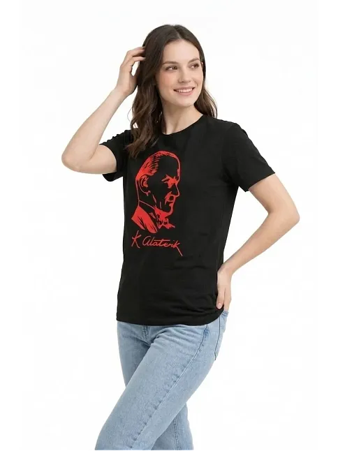 Kadın Atatürk Baskılı Tişört Kısa Kollu Bisiklet Yaka T-shirt - Siyah