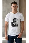 Erkek Atatürk Baskılı Tişört Kısa Kollu Bisiklet Yaka T-shirt - Beyaz