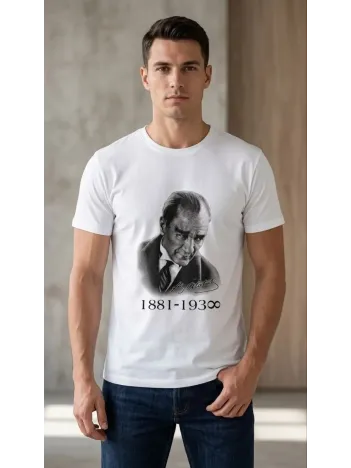 Erkek Atatürk Baskılı Tişört Kısa Kollu Bisiklet Yaka T-shirt - Beyaz