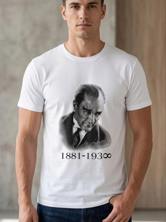 Erkek Atatürk Baskılı Tişört Kısa Kollu Bisiklet Yaka T-shirt - Beyaz