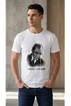 Erkek Atatürk Baskılı Tişört Kısa Kollu Bisiklet Yaka T-shirt - Beyaz