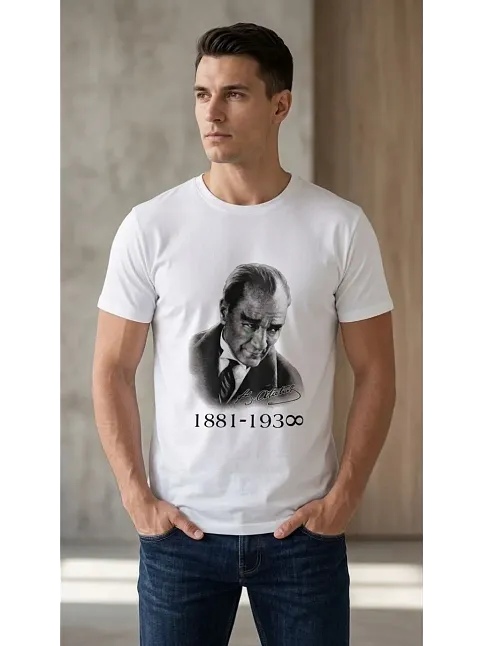 Erkek Atatürk Baskılı Tişört Kısa Kollu Bisiklet Yaka T-shirt - Beyaz