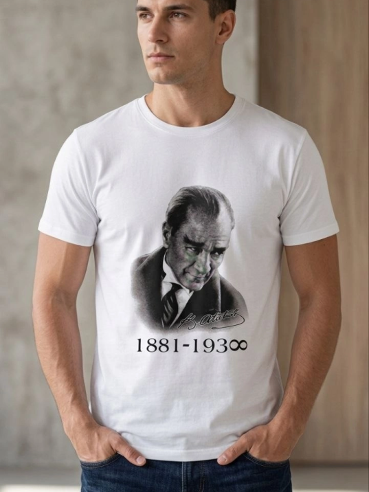 Erkek Atatürk Baskılı Tişört Kısa Kollu Bisiklet Yaka T-shirt - Beyaz