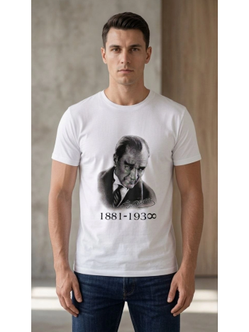 Erkek Atatürk Baskılı Tişört Kısa Kollu Bisiklet Yaka T-shirt - Beyaz