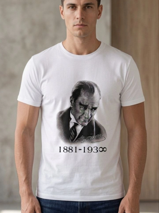 Erkek Atatürk Baskılı Tişört Kısa Kollu Bisiklet Yaka T-shirt - Beyaz