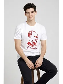 Erkek Atatürk Baskılı Tişört Kısa Kollu Bisiklet Yaka T-shirt - Beyaz