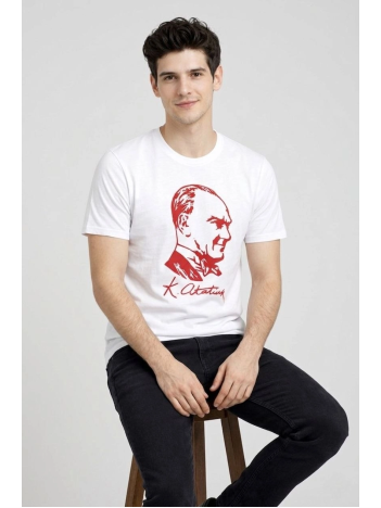 Erkek Atatürk Baskılı Tişört Kısa Kollu Bisiklet Yaka T-shirt - Beyaz