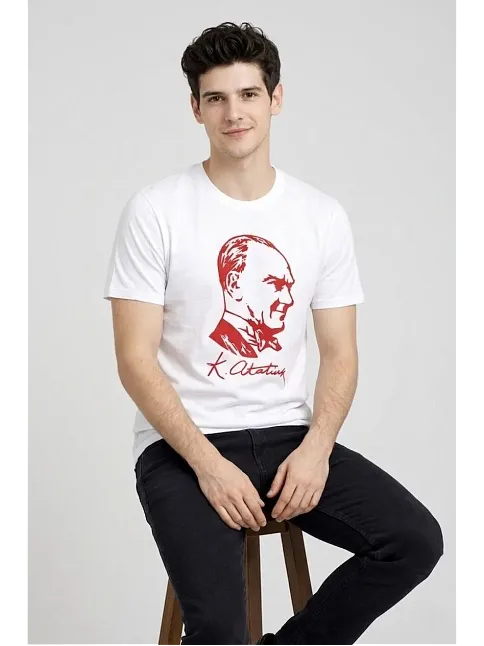 Erkek Atatürk Baskılı Tişört Kısa Kollu Bisiklet Yaka T-shirt - Beyaz