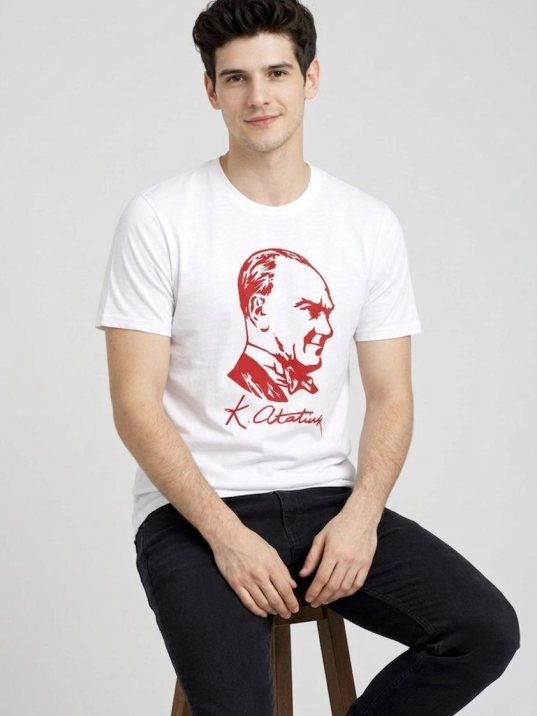 Erkek Atatürk Baskılı Tişört Kısa Kollu Bisiklet Yaka T-shirt - Beyaz