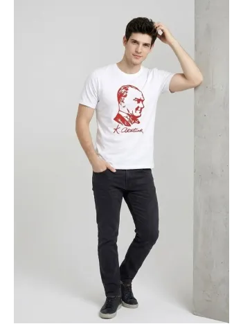 Erkek Atatürk Baskılı Tişört Kısa Kollu Bisiklet Yaka T-shirt - Beyaz