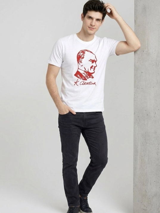 Erkek Atatürk Baskılı Tişört Kısa Kollu Bisiklet Yaka T-shirt - Beyaz