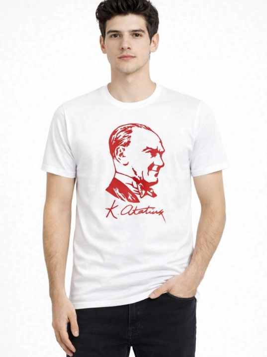 Erkek Atatürk Baskılı Tişört Kısa Kollu Bisiklet Yaka T-shirt - Beyaz