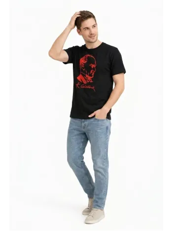 Erkek Atatürk Baskılı Tişört Kısa Kollu Bisiklet Yaka T-shirt - Siyah