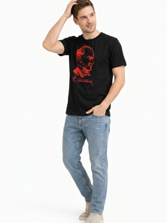 Erkek Atatürk Baskılı Tişört Kısa Kollu Bisiklet Yaka T-shirt - Siyah Erkek Atatürk Baskılı Tişört Kısa Kollu Bisiklet Yaka T-shirt - Siyah