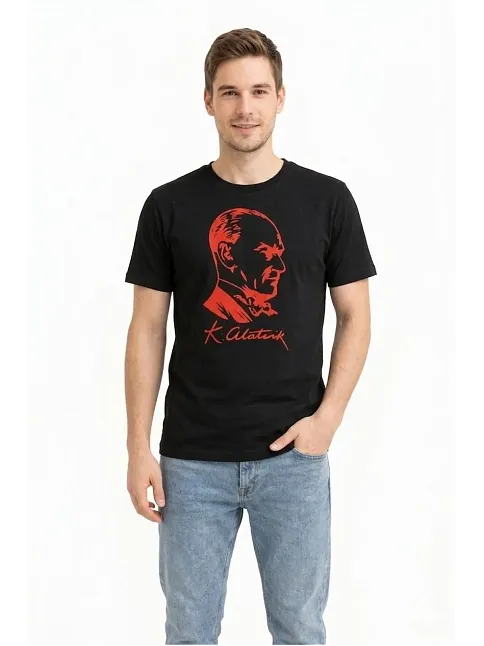Erkek Atatürk Baskılı Tişört Kısa Kollu Bisiklet Yaka T-shirt - Siyah