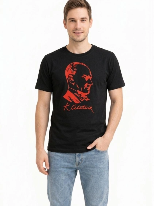 Erkek Atatürk Baskılı Tişört Kısa Kollu Bisiklet Yaka T-shirt - Siyah Erkek Atatürk Baskılı Tişört Kısa Kollu Bisiklet Yaka T-shirt - Siyah