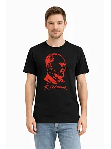 Erkek Atatürk Baskılı Tişört Kısa Kollu Bisiklet Yaka T-shirt - Siyah