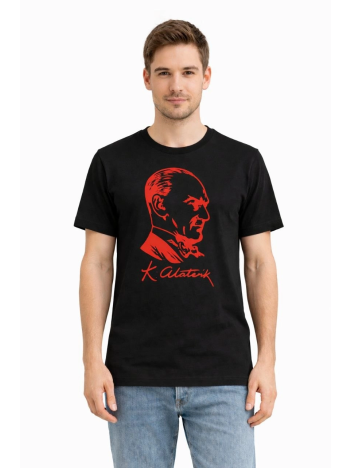 Erkek Atatürk Baskılı Tişört Kısa Kollu Bisiklet Yaka T-shirt - Siyah