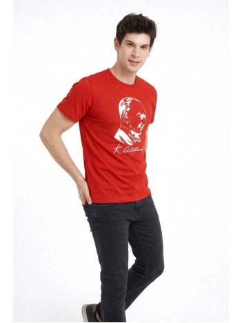Erkek Atatürk Baskılı Tişört Kısa Kollu Bisiklet Yaka T-shirt - Kırmızı