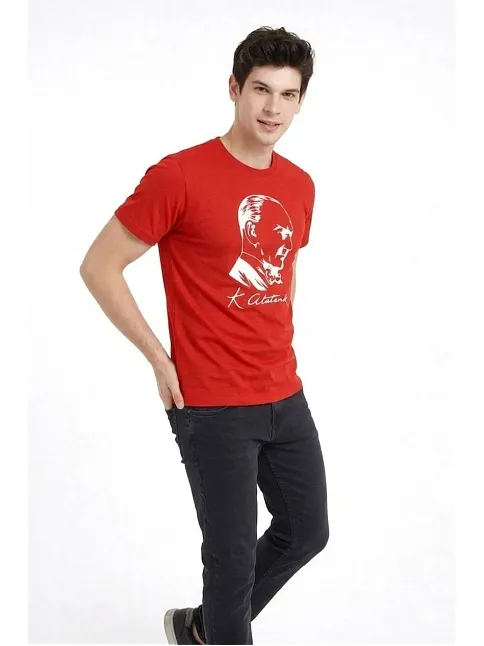 Erkek Atatürk Baskılı Tişört Kısa Kollu Bisiklet Yaka T-shirt - Kırmızı