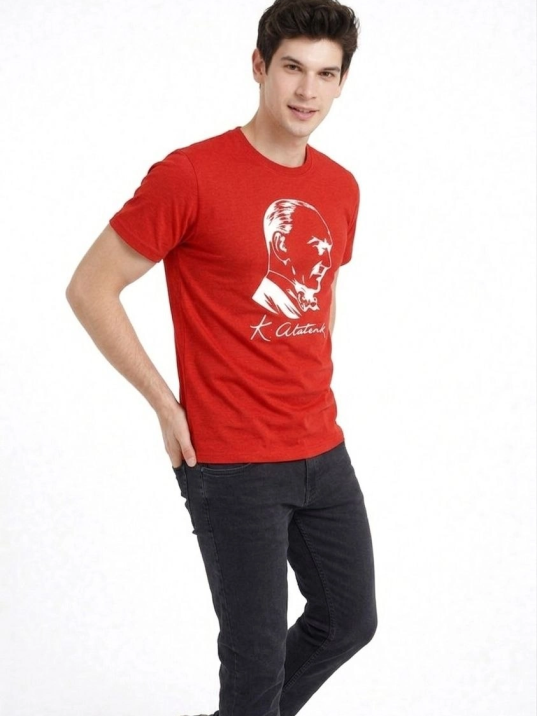 Erkek Atatürk Baskılı Tişört Kısa Kollu Bisiklet Yaka T-shirt - Kırmızı Erkek Atatürk Baskılı Tişört Kısa Kollu Bisiklet Yaka T-shirt - Kırmızı