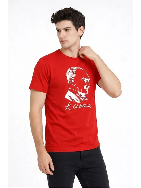 Erkek Atatürk Baskılı Tişört Kısa Kollu Bisiklet Yaka T-shirt - Kırmızı