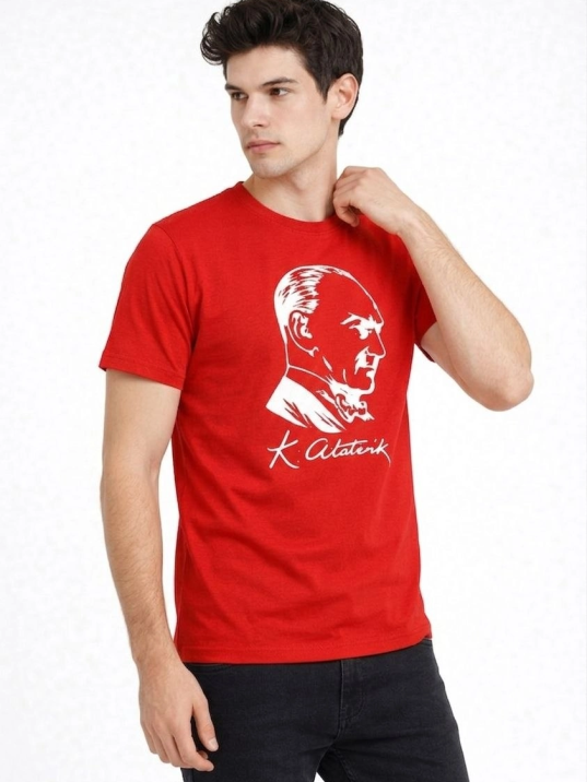 Erkek Atatürk Baskılı Tişört Kısa Kollu Bisiklet Yaka T-shirt - Kırmızı Erkek Atatürk Baskılı Tişört Kısa Kollu Bisiklet Yaka T-shirt - Kırmızı