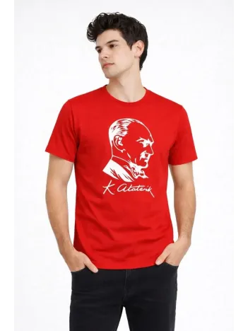 Erkek Atatürk Baskılı Tişört Kısa Kollu Bisiklet Yaka T-shirt - Kırmızı