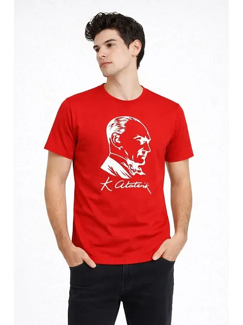 Erkek Atatürk Baskılı Tişört Kısa Kollu Bisiklet Yaka T-shirt - Kırmızı