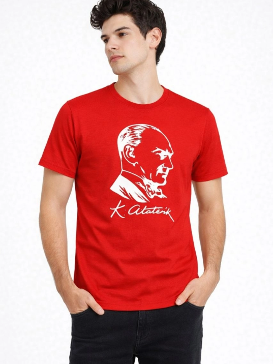 Erkek Atatürk Baskılı Tişört Kısa Kollu Bisiklet Yaka T-shirt - Kırmızı Erkek Atatürk Baskılı Tişört Kısa Kollu Bisiklet Yaka T-shirt - Kırmızı