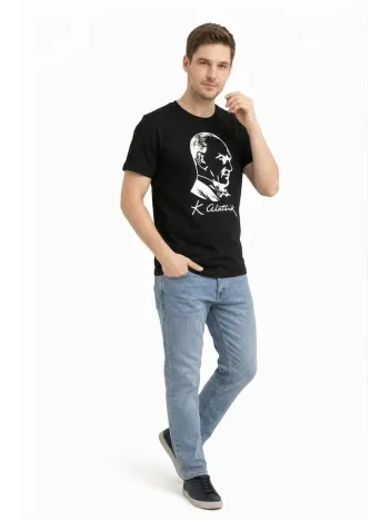 Erkek Atatürk Baskılı Tişört Kısa Kollu Bisiklet Yaka T-shirt - Siyah