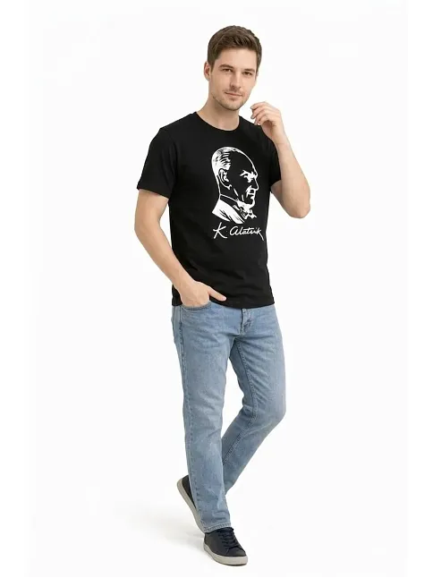Erkek Atatürk Baskılı Tişört Kısa Kollu Bisiklet Yaka T-shirt - Siyah
