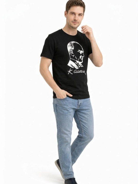 Erkek Atatürk Baskılı Tişört Kısa Kollu Bisiklet Yaka T-shirt - Siyah