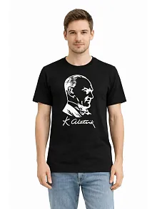 Erkek Atatürk Baskılı Tişört Kısa Kollu Bisiklet Yaka T-shirt - Siyah