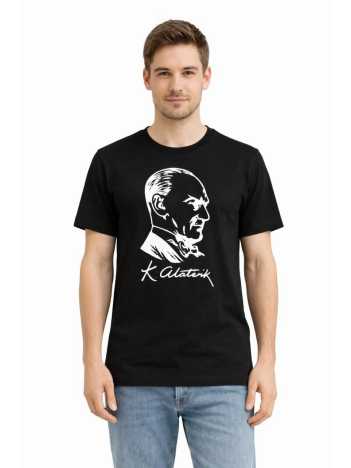 Erkek Atatürk Baskılı Tişört Kısa Kollu Bisiklet Yaka T-shirt - Siyah
