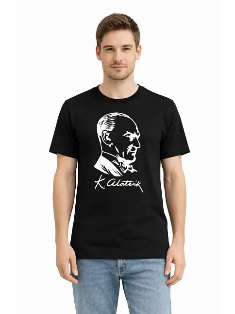 Erkek Atatürk Baskılı Tişört Kısa Kollu Bisiklet Yaka T-shirt - Siyah