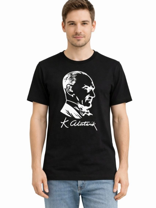 Erkek Atatürk Baskılı Tişört Kısa Kollu Bisiklet Yaka T-shirt - Siyah
