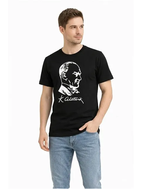 Erkek Atatürk Baskılı Tişört Kısa Kollu Bisiklet Yaka T-shirt - Siyah