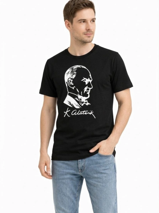 Erkek Atatürk Baskılı Tişört Kısa Kollu Bisiklet Yaka T-shirt - Siyah