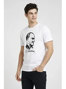 Erkek Atatürk Baskılı Tişört Kısa Kollu Bisiklet Yaka T-shirt - Beyaz