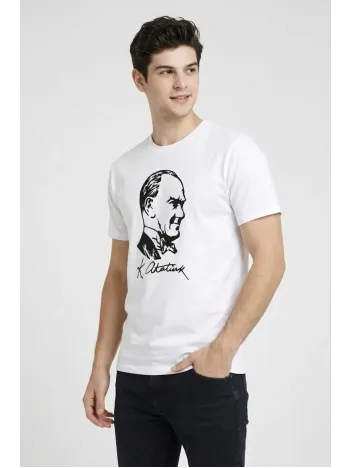 Erkek Atatürk Baskılı Tişört Kısa Kollu Bisiklet Yaka T-shirt - Beyaz