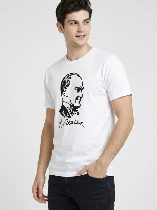 Erkek Atatürk Baskılı Tişört Kısa Kollu Bisiklet Yaka T-shirt - Beyaz