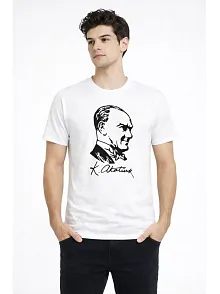 Erkek Atatürk Baskılı Tişört Kısa Kollu Bisiklet Yaka T-shirt - Beyaz
