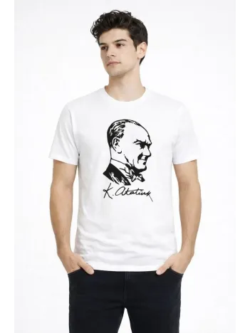 Erkek Atatürk Baskılı Tişört Kısa Kollu Bisiklet Yaka T-shirt - Beyaz