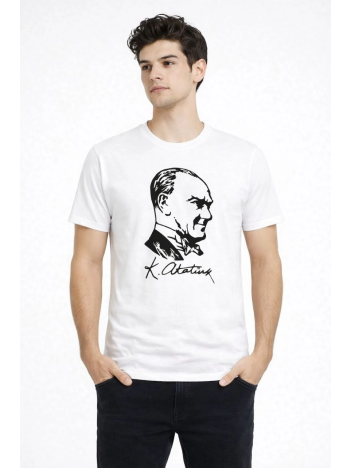 Erkek Atatürk Baskılı Tişört Kısa Kollu Bisiklet Yaka T-shirt - Beyaz