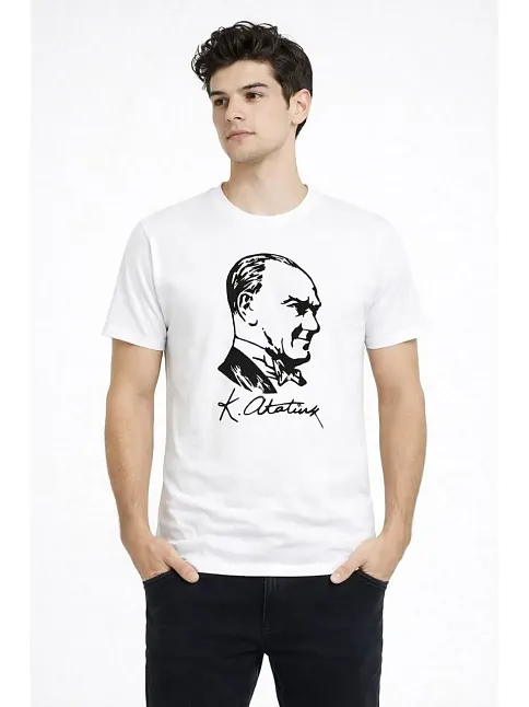 Erkek Atatürk Baskılı Tişört Kısa Kollu Bisiklet Yaka T-shirt - Beyaz Erkek Atatürk Baskılı Tişört Kısa Kollu Bisiklet Yaka T-shirt - Beyaz